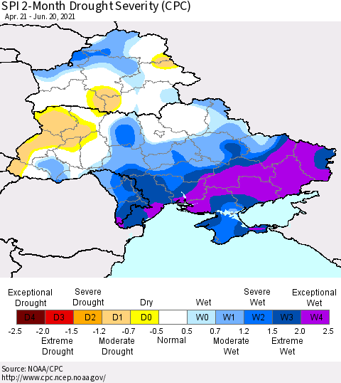 Ukraine, Moldova and Belarus SPI 2-Month Drought Severity (CPC) Thematic Map For 4/21/2021 - 6/20/2021