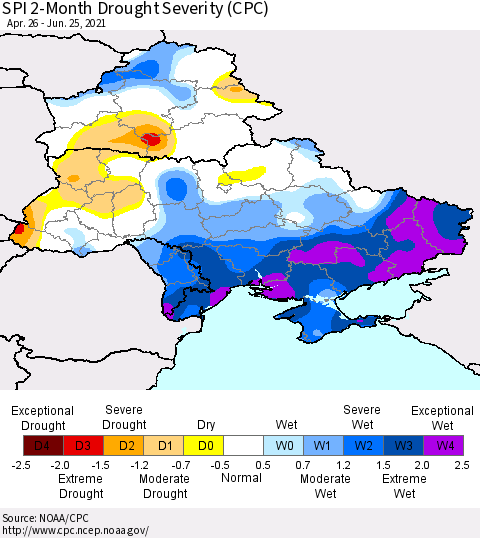 Ukraine, Moldova and Belarus SPI 2-Month Drought Severity (CPC) Thematic Map For 4/26/2021 - 6/25/2021