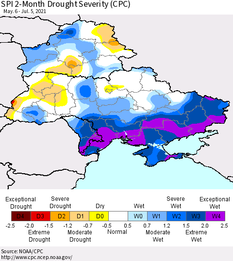 Ukraine, Moldova and Belarus SPI 2-Month Drought Severity (CPC) Thematic Map For 5/6/2021 - 7/5/2021