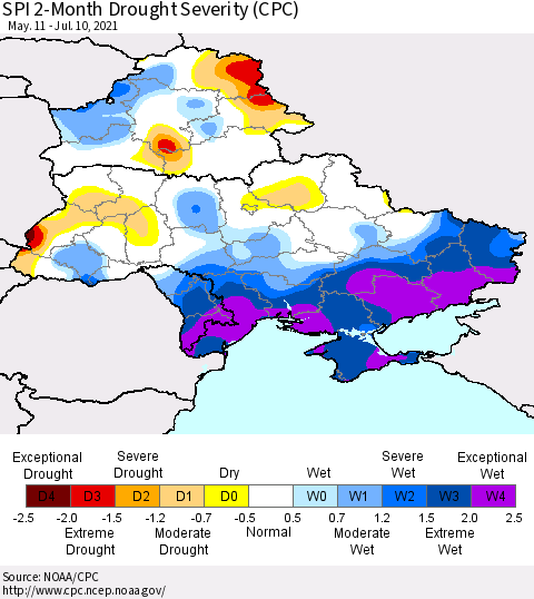 Ukraine, Moldova and Belarus SPI 2-Month Drought Severity (CPC) Thematic Map For 5/11/2021 - 7/10/2021