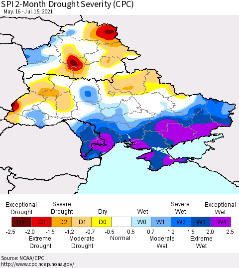 Ukraine, Moldova and Belarus SPI 2-Month Drought Severity (CPC) Thematic Map For 5/16/2021 - 7/15/2021