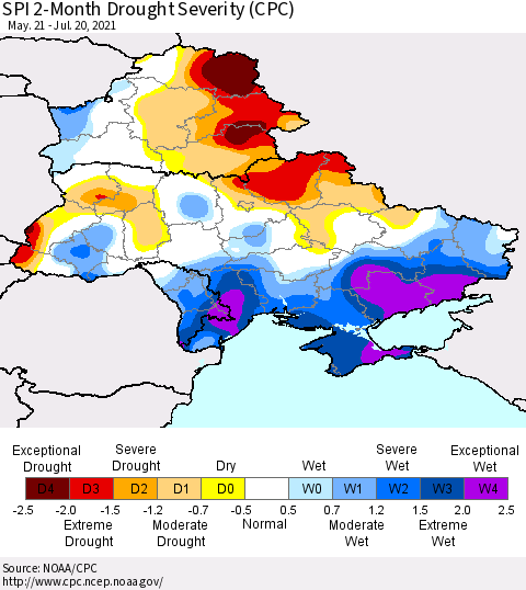 Ukraine, Moldova and Belarus SPI 2-Month Drought Severity (CPC) Thematic Map For 5/21/2021 - 7/20/2021