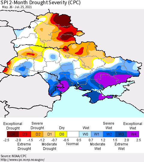 Ukraine, Moldova and Belarus SPI 2-Month Drought Severity (CPC) Thematic Map For 5/26/2021 - 7/25/2021