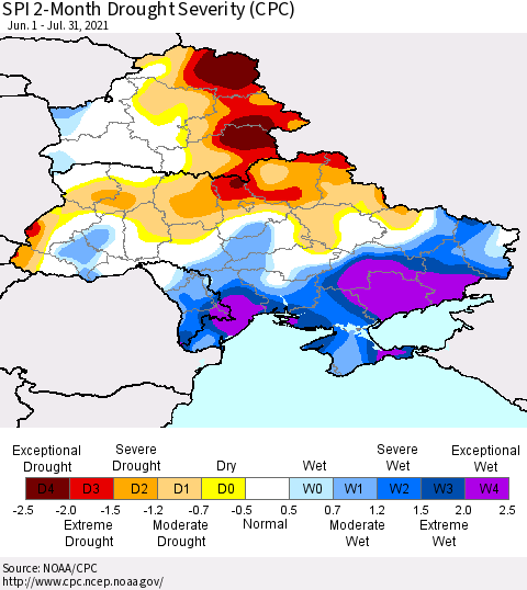 Ukraine, Moldova and Belarus SPI 2-Month Drought Severity (CPC) Thematic Map For 6/1/2021 - 7/31/2021