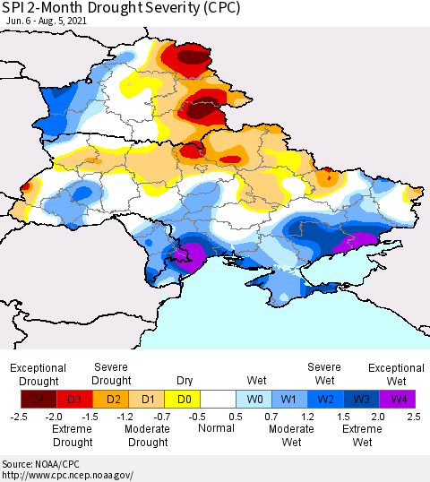 Ukraine, Moldova and Belarus SPI 2-Month Drought Severity (CPC) Thematic Map For 6/6/2021 - 8/5/2021