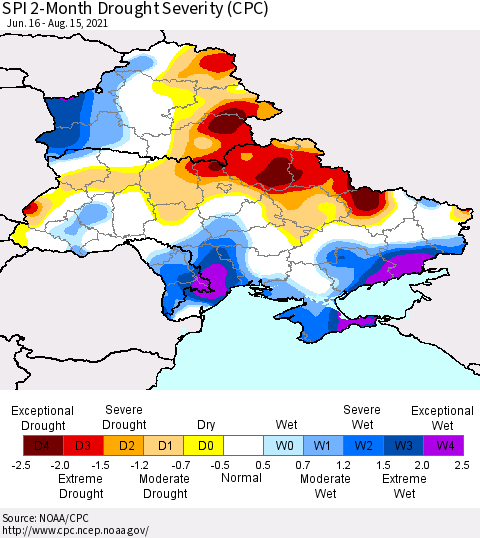 Ukraine, Moldova and Belarus SPI 2-Month Drought Severity (CPC) Thematic Map For 6/16/2021 - 8/15/2021