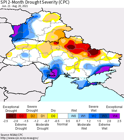 Ukraine, Moldova and Belarus SPI 2-Month Drought Severity (CPC) Thematic Map For 6/21/2021 - 8/20/2021