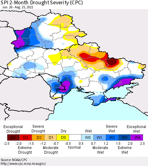 Ukraine, Moldova and Belarus SPI 2-Month Drought Severity (CPC) Thematic Map For 6/26/2021 - 8/25/2021
