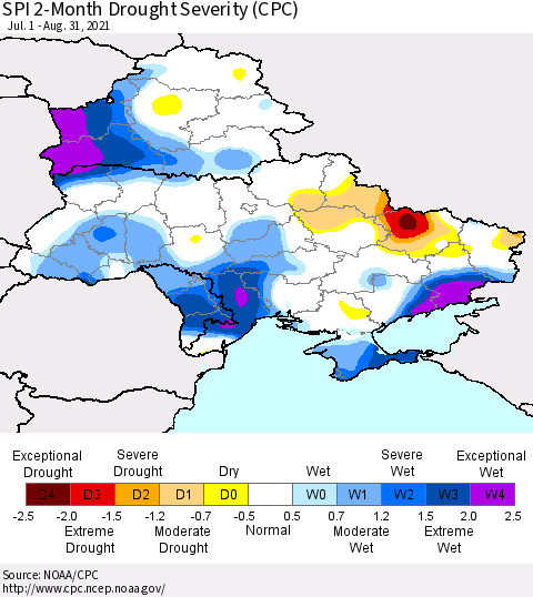 Ukraine, Moldova and Belarus SPI 2-Month Drought Severity (CPC) Thematic Map For 7/1/2021 - 8/31/2021