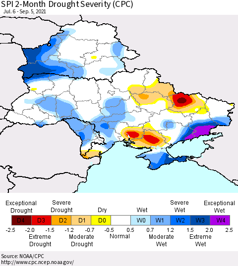 Ukraine, Moldova and Belarus SPI 2-Month Drought Severity (CPC) Thematic Map For 7/6/2021 - 9/5/2021