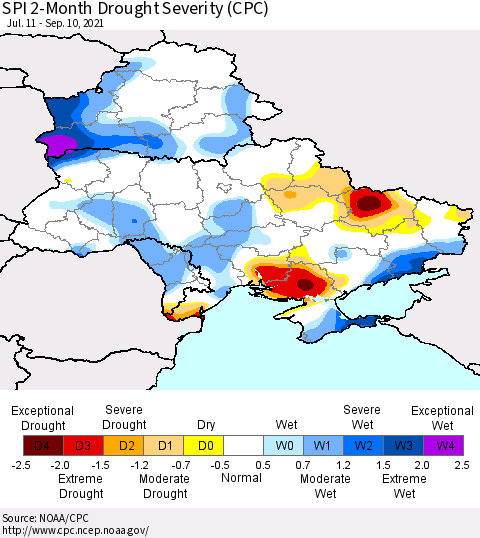 Ukraine, Moldova and Belarus SPI 2-Month Drought Severity (CPC) Thematic Map For 7/11/2021 - 9/10/2021