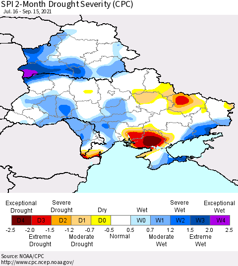 Ukraine, Moldova and Belarus SPI 2-Month Drought Severity (CPC) Thematic Map For 7/16/2021 - 9/15/2021