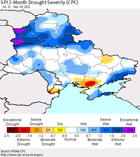 Ukraine, Moldova and Belarus SPI 2-Month Drought Severity (CPC) Thematic Map For 7/21/2021 - 9/20/2021