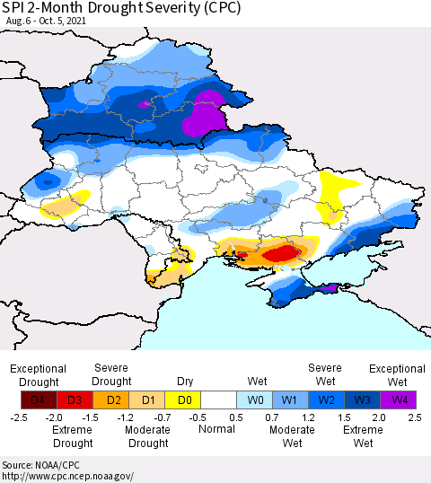 Ukraine, Moldova and Belarus SPI 2-Month Drought Severity (CPC) Thematic Map For 8/6/2021 - 10/5/2021