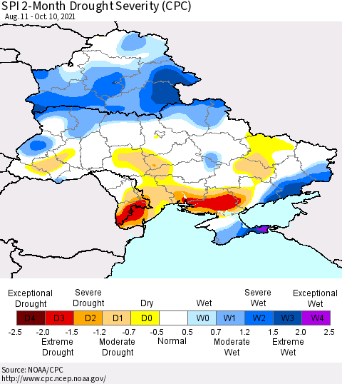 Ukraine, Moldova and Belarus SPI 2-Month Drought Severity (CPC) Thematic Map For 8/11/2021 - 10/10/2021