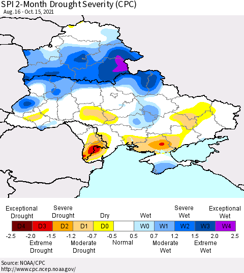 Ukraine, Moldova and Belarus SPI 2-Month Drought Severity (CPC) Thematic Map For 8/16/2021 - 10/15/2021