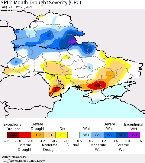 Ukraine, Moldova and Belarus SPI 2-Month Drought Severity (CPC) Thematic Map For 8/21/2021 - 10/20/2021