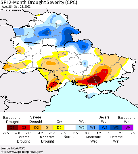 Ukraine, Moldova and Belarus SPI 2-Month Drought Severity (CPC) Thematic Map For 8/26/2021 - 10/25/2021