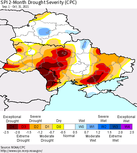 Ukraine, Moldova and Belarus SPI 2-Month Drought Severity (CPC) Thematic Map For 9/1/2021 - 10/31/2021