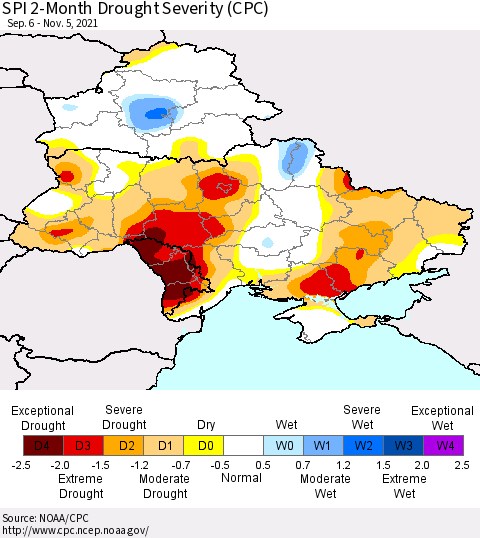 Ukraine, Moldova and Belarus SPI 2-Month Drought Severity (CPC) Thematic Map For 9/6/2021 - 11/5/2021