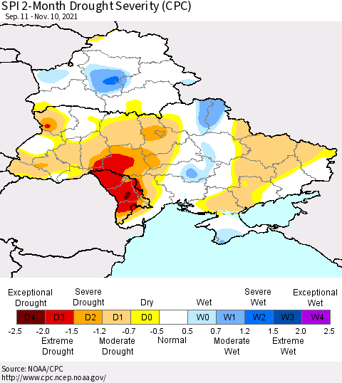 Ukraine, Moldova and Belarus SPI 2-Month Drought Severity (CPC) Thematic Map For 9/11/2021 - 11/10/2021