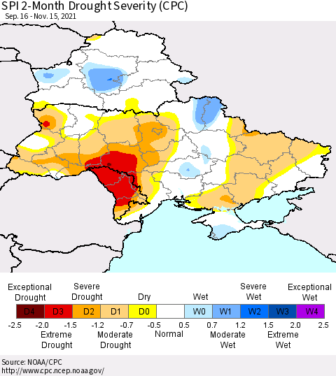 Ukraine, Moldova and Belarus SPI 2-Month Drought Severity (CPC) Thematic Map For 9/16/2021 - 11/15/2021