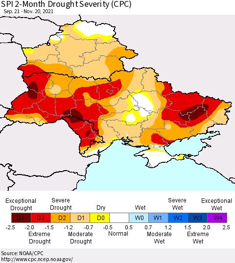 Ukraine, Moldova and Belarus SPI 2-Month Drought Severity (CPC) Thematic Map For 9/21/2021 - 11/20/2021