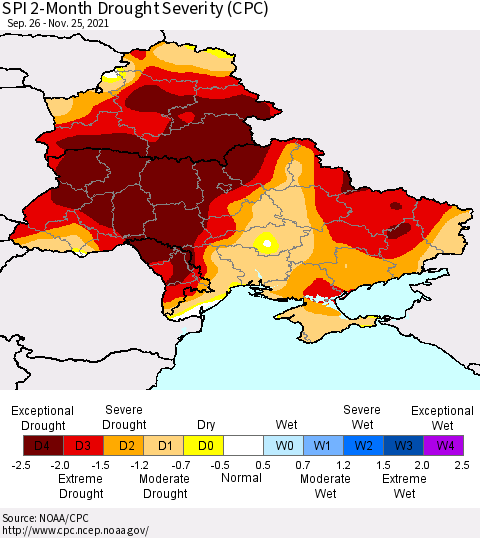 Ukraine, Moldova and Belarus SPI 2-Month Drought Severity (CPC) Thematic Map For 9/26/2021 - 11/25/2021