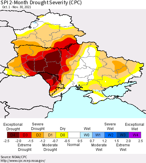 Ukraine, Moldova and Belarus SPI 2-Month Drought Severity (CPC) Thematic Map For 10/1/2021 - 11/30/2021