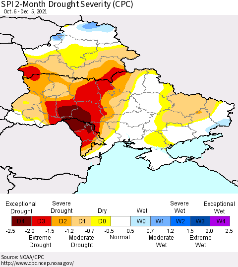 Ukraine, Moldova and Belarus SPI 2-Month Drought Severity (CPC) Thematic Map For 10/6/2021 - 12/5/2021