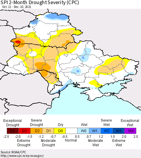 Ukraine, Moldova and Belarus SPI 2-Month Drought Severity (CPC) Thematic Map For 10/11/2021 - 12/10/2021