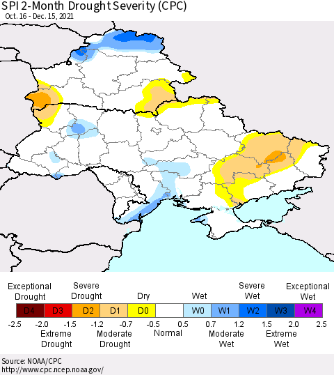 Ukraine, Moldova and Belarus SPI 2-Month Drought Severity (CPC) Thematic Map For 10/16/2021 - 12/15/2021