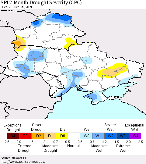 Ukraine, Moldova and Belarus SPI 2-Month Drought Severity (CPC) Thematic Map For 10/21/2021 - 12/20/2021