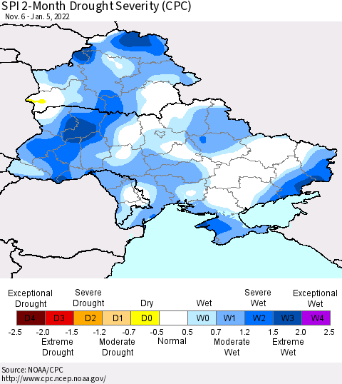Ukraine, Moldova and Belarus SPI 2-Month Drought Severity (CPC) Thematic Map For 11/6/2021 - 1/5/2022