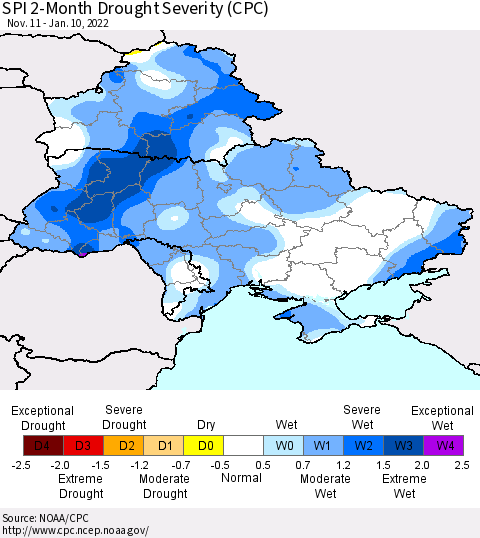 Ukraine, Moldova and Belarus SPI 2-Month Drought Severity (CPC) Thematic Map For 11/11/2021 - 1/10/2022