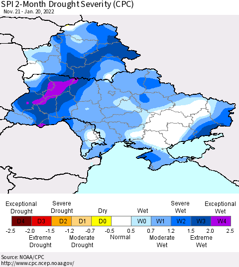 Ukraine, Moldova and Belarus SPI 2-Month Drought Severity (CPC) Thematic Map For 11/21/2021 - 1/20/2022