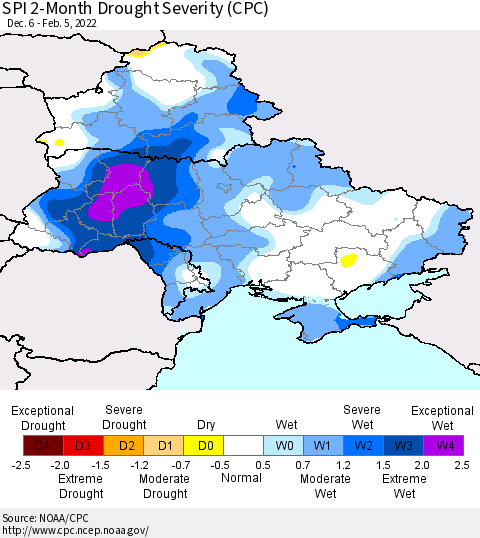 Ukraine, Moldova and Belarus SPI 2-Month Drought Severity (CPC) Thematic Map For 12/6/2021 - 2/5/2022