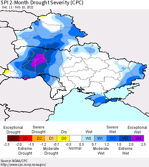 Ukraine, Moldova and Belarus SPI 2-Month Drought Severity (CPC) Thematic Map For 12/11/2021 - 2/10/2022