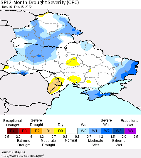 Ukraine, Moldova and Belarus SPI 2-Month Drought Severity (CPC) Thematic Map For 12/16/2021 - 2/15/2022