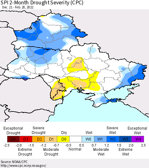 Ukraine, Moldova and Belarus SPI 2-Month Drought Severity (CPC) Thematic Map For 12/21/2021 - 2/20/2022