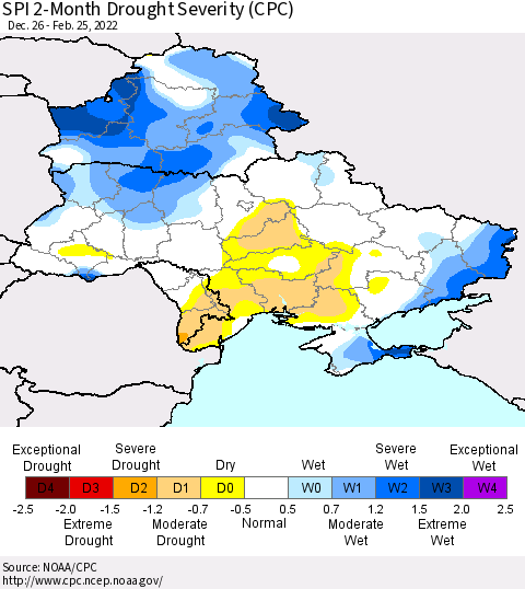 Ukraine, Moldova and Belarus SPI 2-Month Drought Severity (CPC) Thematic Map For 12/26/2021 - 2/25/2022