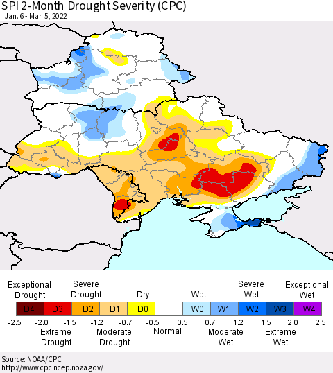 Ukraine, Moldova and Belarus SPI 2-Month Drought Severity (CPC) Thematic Map For 1/6/2022 - 3/5/2022