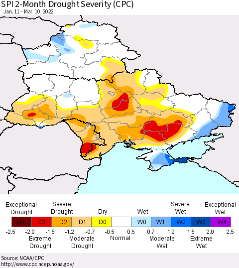 Ukraine, Moldova and Belarus SPI 2-Month Drought Severity (CPC) Thematic Map For 1/11/2022 - 3/10/2022