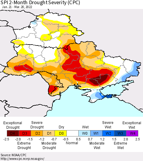 Ukraine, Moldova and Belarus SPI 2-Month Drought Severity (CPC) Thematic Map For 1/21/2022 - 3/20/2022