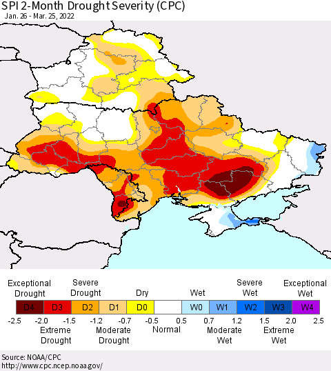 Ukraine, Moldova and Belarus SPI 2-Month Drought Severity (CPC) Thematic Map For 1/26/2022 - 3/25/2022