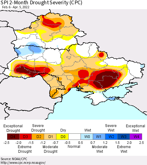 Ukraine, Moldova and Belarus SPI 2-Month Drought Severity (CPC) Thematic Map For 2/6/2022 - 4/5/2022