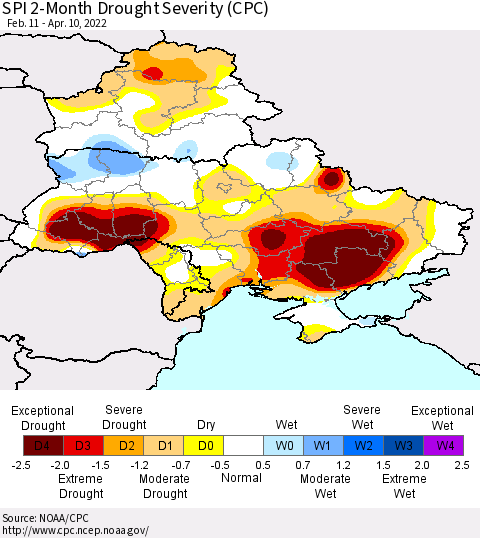 Ukraine, Moldova and Belarus SPI 2-Month Drought Severity (CPC) Thematic Map For 2/11/2022 - 4/10/2022