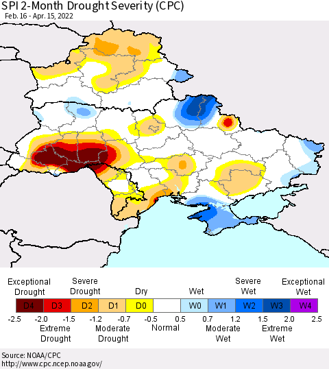 Ukraine, Moldova and Belarus SPI 2-Month Drought Severity (CPC) Thematic Map For 2/16/2022 - 4/15/2022