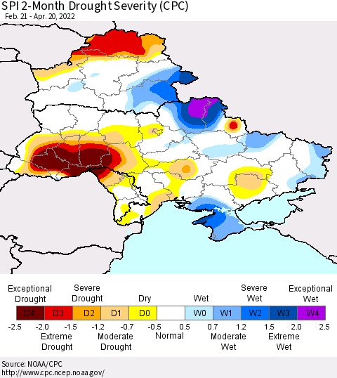 Ukraine, Moldova and Belarus SPI 2-Month Drought Severity (CPC) Thematic Map For 2/21/2022 - 4/20/2022