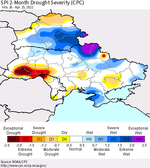 Ukraine, Moldova and Belarus SPI 2-Month Drought Severity (CPC) Thematic Map For 2/26/2022 - 4/25/2022